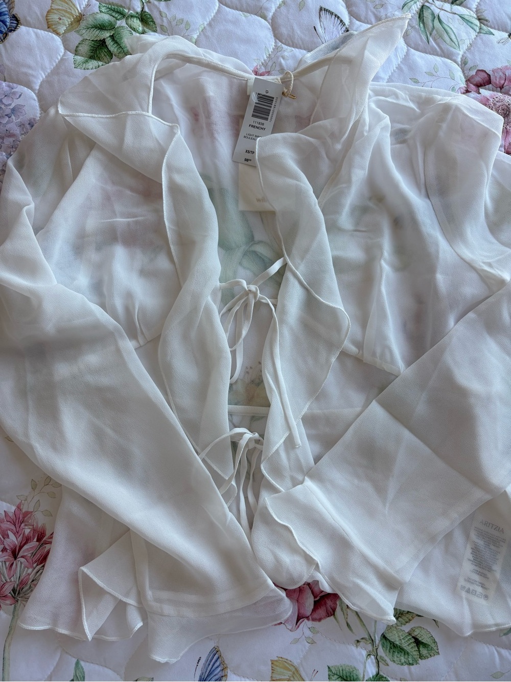 Aritiza Sheer White Tie-Front Chiffon top - Women top